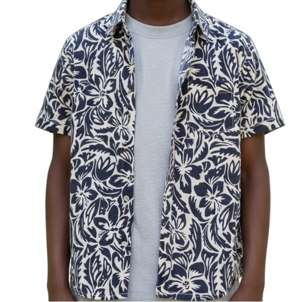 GAP Boys Navy Tropical Floral Print Short Sleeve Button Down Camp Shirt Size 8